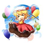  &gt;_&lt; 1girl :d ascot balloon blonde_hair chibi closed_eyes flandre_scarlet gasuto_(kamikami) hat mob_cap open_mouth outstretched_arms smile solo spread_arms touhou wings xd 