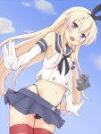  1girl anchor black_panties blonde_hair blue_skirt blush elbow_gloves gloves grey_eyes hairband kantai_collection long_hair mrisk navel open_mouth panties shimakaze_(kantai_collection) skirt solo thigh-highs underwear white_gloves 