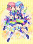  2girls ;d blue_eyes blue_hair bow checkered checkered_legwear dorothy_west frills gloves grin hair_bow hair_ornament hair_ribbon highres leona_west looking_at_viewer multiple_girls necktie one_eye_closed open_mouth pink_eyes pink_hair plaid puri_para ribbon shoes short_hair siblings smile thigh-highs touyama_soboro trap twins zettai_ryouiki 