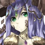  1girl bare_shoulders breasts bust circlet cleavage dirt gaia_(p&amp;d) gem green_eyes hair_ornament jewelry long_hair mosamune necklace purple_hair puzzle_&amp;_dragons solo 