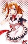  1girl apron blue_eyes brown_hair getsuyoubi gradient gradient_background highres kousaka_honoka looking_at_viewer love_live!_school_idol_project maid maid_apron maid_headdress polka_dot polka_dot_background ribbon short_hair side_ponytail solo thigh-highs 