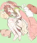  1girl amezawa_koma bloomers brown_hair closed_eyes dress fetal_position idolmaster idolmaster_cinderella_girls lying ogata_chieri on_side pink_dress rabbit sleeping striped striped_legwear thigh-highs twintails underwear wings 