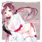  1girl arms_behind_back black_gloves bridal_gauntlets gloves japanese_clothes kimono kisaka leaning_forward long_hair looking_at_viewer love_live!_school_idol_project midriff panties purple_hair red_panties ribbon-trimmed_legwear ribbon-trimmed_sleeves ribbon_trim short_kimono side-tie_panties smile solo thigh-highs thighs toujou_nozomi twintails underwear violet_eyes white_clothes white_legwear wide_sleeves 
