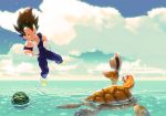  1boy animal black_hair blue_sky blurry boots clouds dragon_ball dragon_ball_z flying food fruit hat highres horizon male muscle net ocean skin_tight sky solo spiky_hair straw_hat supobi swimming turtle umigame_(dragon_ball) vegeta water watermelon 