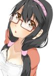  1girl alternate_costume black_hair breasts brown_eyes cleavage glasses hairband haruna_(kantai_collection) highres kantai_collection long_hair looking_up low_twintails shimazaki_(shimanana77) solo twintails 