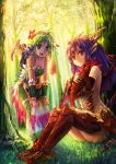  2girls :d armlet armor bare_shoulders breasts claws collarbone dragon dragon_girl dragon_horns dragon_wings flower forest freeze-ex grass green_eyes green_hair hair_flower hair_ornament hairband head_fins heterochromia holding horns jewelry leaning leaning_forward leotard long_hair looking_at_another looking_at_viewer multiple_girls nature open_mouth outdoors plan_(p&amp;d) purple_hair puzzle_&amp;_dragons red_legwear side_slit sideboob sitting smile sonia_(p&amp;d) thigh-highs tree vambraces violet_eyes wings yellow_eyes 