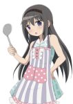 1girl :o akemi_homura apron black_hair blush hairband hand_on_hip highres ladle long_hair looking_at_viewer mahou_shoujo_madoka_magica simple_background solo tales1203 violet_eyes white_background 