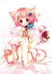  1girl :3 :d animal_ears barefoot bed_sheet cat_ears cat_tail choker dress hair_ornament hikanyan long_hair looking_at_viewer open_mouth original paw_pose pink_eyes pink_hair ribbon_choker sitting smile solo sparkle tail yellow_dress 