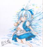  1girl blue_eyes blue_hair blush bow cirno hair_bow highres ribbon short_hair skirt smile sokutenkun solo touhou traditional_media v 