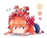  1girl bow chibi crossover gasuto_(kamikami) gekkan_shoujo_nozaki-kun hair_bow hair_ribbon long_hair looking_at_viewer lying mushroom on_stomach orange_hair paras pleated_skirt pokemon polka_dot polka_dot_bow ribbon sakura_chiyo school_uniform skirt 