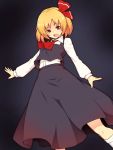  1girl :d ascot blonde_hair fang hair_ribbon highres kakone open_mouth outstretched_arms red_eyes ribbon rumia shirt short_hair skirt smile spread_arms touhou vest 