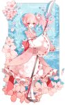  1girl :d borrowed_character cherry_blossoms holding lolita_fashion looking_at_viewer naginata open_mouth original pink_eyes pink_hair polearm ribbon-trimmed_sleeves ribbon_trim rooseputo_02 side_ponytail smile solo translation_request wa_lolita weapon 