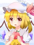  1girl :o absurdres apple ascot blonde_hair bust fang flandre_scarlet food fruit hat hat_ribbon highres kuyuri_y mob_cap open_mouth puffy_short_sleeves puffy_sleeves red_eyes ribbon short_sleeves side_ponytail solo touhou wings 