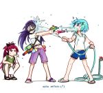  3girls akemi_homura anger_vein black_hair blue_eyes blue_hair bow diving_mask hair_bow hair_ornament hairband hairclip hose long_hair mahou_shoujo_madoka_magica midriff miki_sayaka multiple_girls pocky red_eyes redhead sakura_kyouko sandals shorts silverxp sleeves_rolled_up violet_eyes water_gun water_hose 