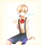  1boy blonde_hair blue_eyes blush bow bowtie character_name chloe_no_requiem hair_bow musical_note open_mouth pierre_d&#039;alembert ponytail short_hair shorts sitting solo suspenders 