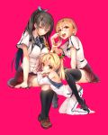  3girls black_hair blonde_hair brown_hair character_request cherry food fruit giuniu long_hair multiple_girls off_shoulder official_art ojou-sama_sanshimai_ni_peropero_saretsuzukeru_no_wo_yametai_jinsei_datta popsicle school_uniform short_hair thigh-highs 