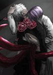  2boys blue_hair flower formal hair_over_eyes hug kaneki_ken multiple_boys necktie red_flower short_hair suit tokyo_ghoul tsukiyama_shuu turtleneck white_hair 