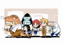  2girls 4boys annotated black_hair blonde_hair blue_eyes cup dinosaur dr._necro flor_(keyman) gorilla hounori inspector_alex jack_bycle keyman:_the_hand_of_judgement labcoat long_hair monster_boy mug multiple_boys multiple_girls necktie pete_knight redhead short_hair turtle tyrannosaurus_rex walter_gordon 