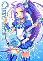  1girl blue_skirt blush character_name choker cure_beat frills guitar hair_ornament heart_hair_ornament instrument kurokawa_eren long_hair magical_girl precure purple_hair ribbon side_ponytail skirt smile solo suite_precure thigh-highs wrist_cuffs yellow_eyes yukiya_(shiya) 