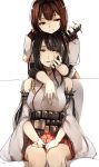  2girls bare_shoulders black_hair brown_eyes brown_hair detached_sleeves flower fusou_(kantai_collection) hair_ornament hand_on_another&#039;s_cheek hand_on_another&#039;s_face hibiscus highres hug_evasion hyuuga_(kantai_collection) japanese_clothes kantai_collection knees_together kyouya_(mukuro238) light_smile long_hair multiple_girls nontraditional_miko pleated_skirt red_eyes red_skirt short_hair simple_background sitting skirt smile white_background 