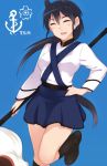  1girl ^_^ alternate_costume animal_ears black_hair blue_background blush broom closed_eyes earrings em hand_on_hip jewelry kitagou_fumika leg_up long_hair open_mouth ponytail skirt smile strike_witches tail 
