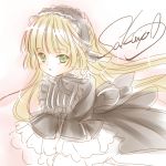  1girl :o amano_sakuya artist_name black_dress blonde_hair blush_stickers dress gosick gothic_lolita green_eyes hairband lolita_fashion lolita_hairband long_hair signature solo victorica_de_blois 