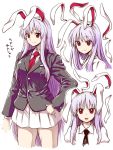  1girl animal_ears crescent ears highres itou_yuuji jacket lavender_hair long_hair long_sleeves looking_at_viewer multiple_persona necktie open_mouth portrait puffy_sleeves rabbit_ears red_eyes reisen_udongein_inaba shirt simple_background skirt smile solo text touhou very_long_hair vest white_background 