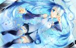  1girl aaru blue_eyes blue_hair boots detached_sleeves hatsune_miku long_hair lying marble necktie skirt solo thigh-highs thigh_boots twintails very_long_hair vocaloid 