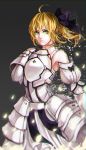  199993 1girl ahoge armor armored_dress bare_shoulders blonde_hair bow detached_sleeves dress fate/unlimited_codes fate_(series) faulds gauntlets green_eyes hair_bow highres long_hair ponytail saber saber_lily solo 