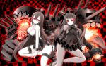  2girls battleship-symbiotic_hime black_hair breasts cleavage gothic_lolita highres horns isolated_island_oni kantai_collection lolita_fashion long_hair looking_at_viewer machinery monster multiple_girls nekovi open_mouth pale_skin parted_lips red_eyes ribbon shinkaisei-kan smile turret 