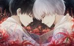  2boys angel31424 black_hair closed_eyes dual_persona field flower flower_field forehead-to-forehead hug kaneki_ken multiple_boys open_mouth short_hair smile spider_lily tears time_paradox tokyo_ghoul white_hair 