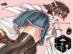  1girl artist_name ass blush breasts brown_hair detached_sleeves from_behind hairband hiei_(kantai_collection) high_heels japanese_clothes kantai_collection looking_at_viewer nontraditional_miko open_mouth panties panty_peek short_hair sideboob skirt solo tagme thigh-highs tokita_monta twitter_username underwear violet_eyes 
