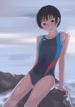  1girl black_eyes black_hair competition_swimsuit galaxea highres one-piece_swimsuit original rock short_hair sitting swimsuit 