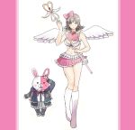 1girl blush bow breasts cleavage cosplay costume_switch dangan_ronpa feathered_wings flipped_hair hair_bow hair_ornament hairclip heterochromia hoodie midriff mm-mb monomi_(dangan_ronpa) monomi_(dangan_ronpa)_(cosplay) nanami_chiaki nanami_chiaki_(cosplay) pink_hair revealing_clothes super_dangan_ronpa_2 thighhighs violet_eyes wand wings 