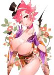  1girl alcohol breasts cleavage demon_girl demon_tail demon_wings flower gloves hairband hat huge_breasts japanese_clothes kimono mikurou_(nayuta) mini_top_hat one_eye_closed original pink_eyes pink_hair pointy_ears sake short_hair single_wing solo tail thighs top_hat wings 