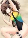  1girl alternate_costume arm_up armpits breasts brown_eyes brown_hair competition_swimsuit covered_navel fuuma_nagi kantai_collection long_hair looking_at_viewer lying on_back one-piece_swimsuit smile speedo_(company) swimsuit thigh_strap yamato_(kantai_collection) 