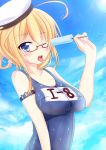  1girl ;p ahoge blue_eyes blush breasts clouds glasses hat highres i-8_(kantai_collection) kantai_collection looking_at_viewer nugi_(armenci) one_eye_closed popsicle red-framed_glasses school_swimsuit semi-rimless_glasses sexually_suggestive sky solo swimsuit tongue tongue_out under-rim_glasses wet 