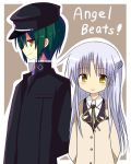  1boy 1girl angel_beats! green_hair hat highres long_hair naoi_ayato school_uniform short_hair silver_hair standing tachibana_kanade yellow_eyes yukiyukidaihuku 