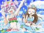  2girls ^_^ arm_up bikini blush bow brown_hair clenched_hand closed_eyes double_bun hair_bow hairband heart long_hair manaka_lala multiple_girls nao_(puri_para) navel open_mouth partially_submerged puri_para purple_hair short_hair sunglasses sunglasses_on_head swimsuit water 
