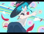  1girl alternate_hairstyle ass blue_hair food fruit hat highres hinanawi_tenshi looking_back open_mouth peach rapuka red_eyes short_hair solo touhou 