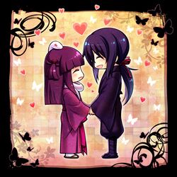  1boy 1girl basilisk_(manga) black_hair butterfly byuune chibi closed_eyes couple hetero holding_hands hotarubi japanese_clothes kimono long_hair ponytail purple_hair smile yashamaru yukata 