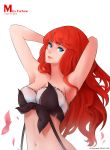  1girl armpits arms_behind_head blue_eyes highres league_of_legends lipstick long_hair looking_at_viewer makeup midriff miss_fortune navel no_hat petals redhead sarah_fortune saramande solo tubetop 