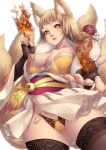 1girl animal_ears blonde_hair breasts cleavage fingerless_gloves flame foreshortening fox_ears fox_tail gloves highres large_breasts long_hair multiple_tails obi original panties rico_(game00985) sash tail thigh-highs underwear yellow_eyes 