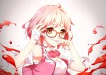  1girl bandaged_arm blood brown_eyes ello glasses jewelry kuriyama_mirai kyoukai_no_kanata looking_at_viewer mouth_hold pink_hair red-framed_glasses ring short_hair solo wedding_band 