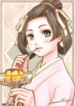  1girl blue_eyes blush brown_hair dai_gyakuten_saiban eating food fork fork_in_mouth gyakuten_saiban japanese_clothes kimono looking_at_viewer mikotoba_susato short_hair solo sweat wakadori 