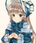  1girl bangs blonde_hair blue_dress blunt_bangs bonnet bowtie bust capelet dress frilled_sleeves frills gosick gothic_lolita green_eyes hands_clasped hime_cut interlocked_fingers light_smile lolita_fashion long_hair long_sleeves looking_at_viewer puffy_long_sleeves puffy_sleeves solo tooda_riko victorica_de_blois white_background wide_sleeves 