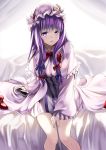  1girl bow capelet crescent curtains dress hair_bow hair_ornament hat hat_bow kyon_(fuuran) long_hair long_sleeves looking_at_viewer mob_cap on_bed parted_lips patchouli_knowledge purple_hair sitting solo striped striped_dress touhou violet_eyes wide_sleeves 