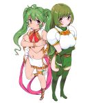  2girls ahoge anklet armor blush boots dancer earrings elbow_gloves fire_emblem fire_emblem:_seisen_no_keifu fury_(fire_emblem) gloves green_eyes green_hair highres jewelry kari_(kakko_k) long_hair midriff multiple_girls navel sandals sylvia_(fire_emblem) thigh-highs thigh_boots twintails 