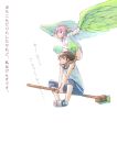  1boy 1girl brown_hair feathered_wings feathers flying harpy head_feathers lifting_person monster_girl mop nejitsu_(nukomasu) nukomasu original pink_hair simple_background sitting_on_broom t-shirt talons translation_request white_background wings 