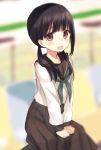  1girl black_hair blurry blush brown_eyes depth_of_field long_hair looking_at_viewer low_twintails midorikawa_you open_mouth original school_uniform serafuku sitting solo tears twintails wavy_mouth 